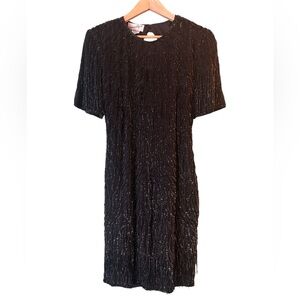 VTG Jennifer Black Beaded  Tassel Silk Sequin Short Sleeve Cocktail Dress Sz M